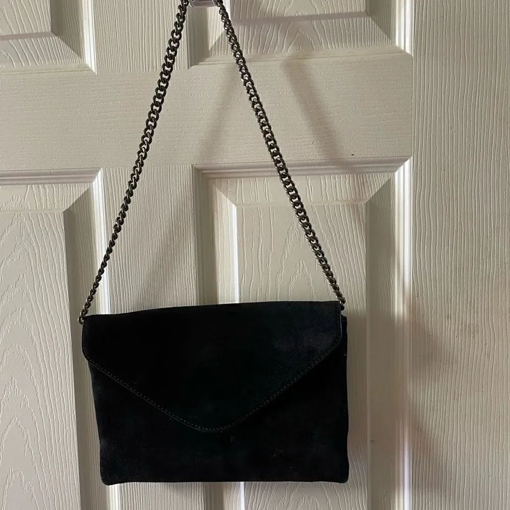 JCrew leather black suede shoulder bag with an antique tone silver strap.